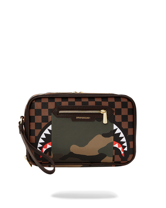 SPRAYGROUND® TOILETRY EXTERIOR GOLD ZIP POCKET SHARKS IN PARIS TOILETRY BRICKSIDE BAG
