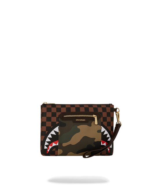 SPRAYGROUND® POUCHETTE EXTERIOR GOLD ZIP POCKET SHARKS IN PARIS CROSSOVER CLUTCH