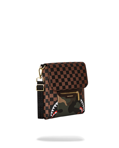 SPRAYGROUND® SLING EXTERIOR GOLD ZIP POCKET SHARKS IN PARIS MESSENGER SLING BAG