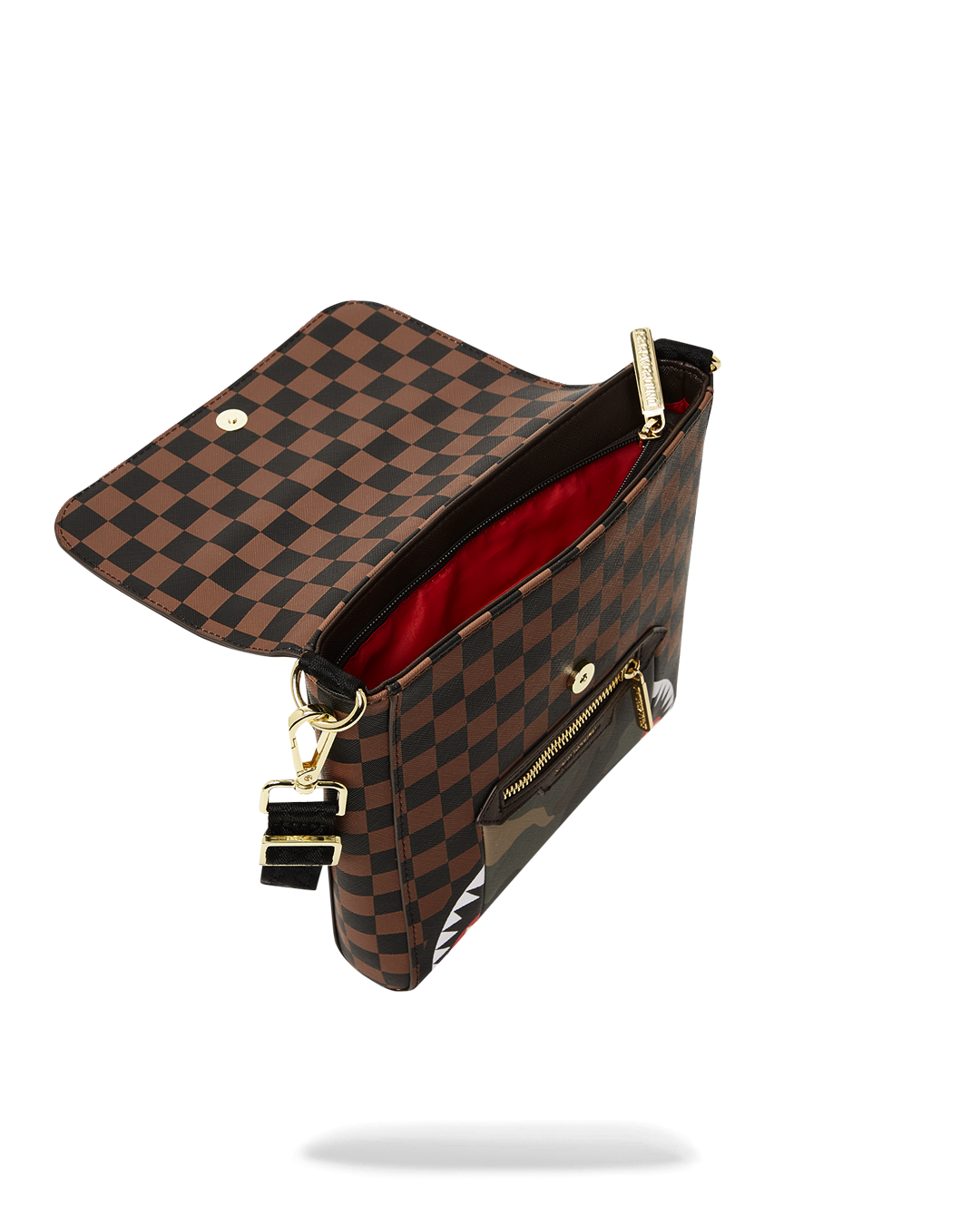 SPRAYGROUND® SLING EXTERIOR GOLD ZIP POCKET SHARKS IN PARIS MESSENGER SLING BAG