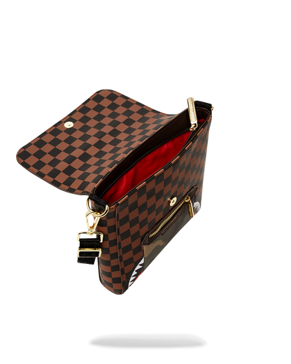 SPRAYGROUND® SLING EXTERIOR GOLD ZIP POCKET SHARKS IN PARIS MESSENGER SLING BAG