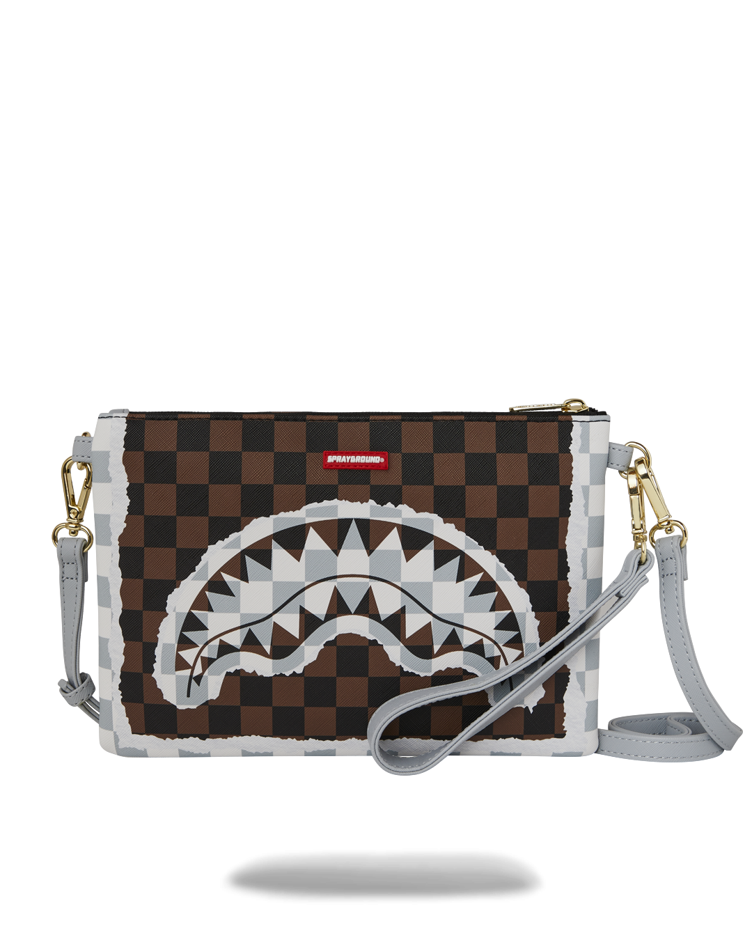 SPRAYGROUND® POUCHETTE CREAM AND BROWN TEAR CHECK CROSSOVER CLUTCH