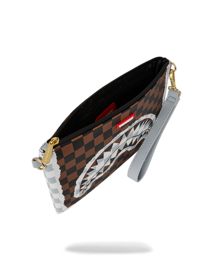 SPRAYGROUND® POUCHETTE CREAM AND BROWN TEAR CHECK CROSSOVER CLUTCH