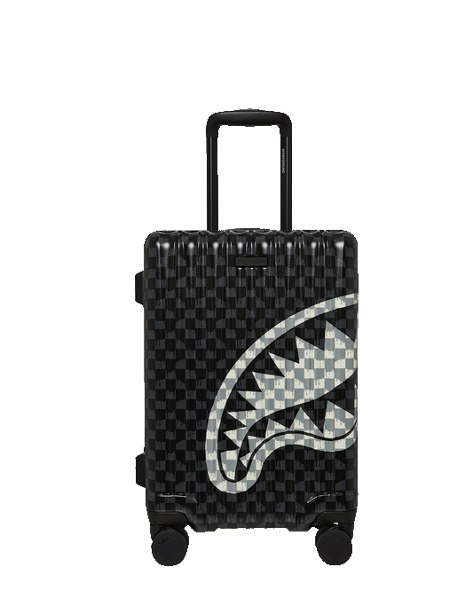 SPRAYGROUND® LUGGAGE BLACK AND WHITE DRIP CHECK SHARK CARRY-ON LUGGAGE
